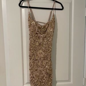 Windsor Gold Tan Bodycon Mini Dress Spaghetti Strap Cocktail